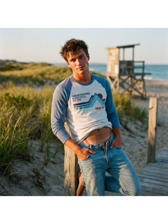 Abercrombie & Fitch Other - Abercrombie & Fitch Mens Medium Raglan Cream Blue Slub Graphic Tee Archival Prep